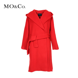 MOCO毛呢外套女宽松大衣中长款连帽红色大衣MA1641OV