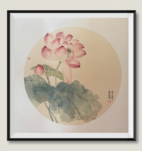 清新雅致没骨荷花图,熟宣卡纸50×50,包邮送画框 收到即可