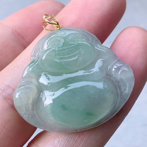 精品推荐 天然a货翡翠好种18k金扣头浅绿佛公玉佛吊坠拍卖6.96g