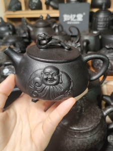 紫墨湘玉如意笑佛茶壶 出水自带凤鸣石瓢壶 纯手工雕刻石茶具
