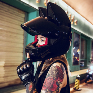 hnjhnj夏季电动摩托车猫耳朵头盔灰蝴蝶结男女士可爱机车全