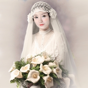 民国2复古蕾丝帽式新娘头纱森系网红拍照双层短头纱面纱婚纱花朵