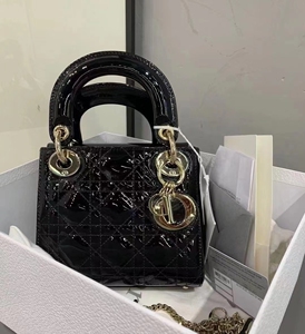 二手奢侈品正品女包包 迪奥dior经典黑金漆皮三格戴妃手提包
