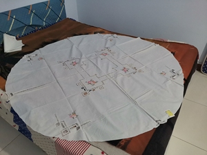 80年代纯库存,圆形全棉镂空,十字绣小红花,老桌布,老台布
