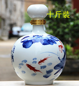 景德镇陶瓷高白泥手绘荷花酒瓶10斤装 密封酒坛子 空酒具十斤装