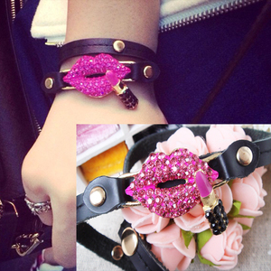 特性感朋克风 韩版双层优质皮红唇嘴唇口红水晶手链手环手饰手链