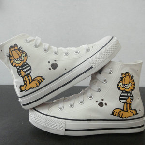秋季手绘帆布鞋加菲猫卡通小学生彩绘鞋子女孩个性涂鸦高帮系带