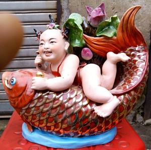 景德镇雕塑瓷 粉彩瓷 家居摆设【鲤鱼童子】景德镇陶瓷器