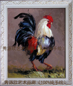 秀源欣 纯手绘动物油画风水画 公鸡公鸡啼鸣 客厅玄关餐厅画