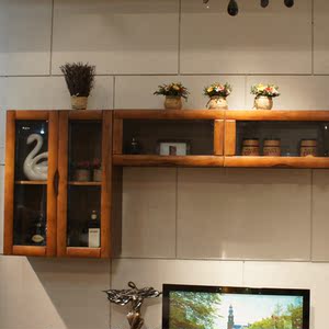 现代中式乌金木色实木挂柜 吊柜实木壁柜厅柜组合挂墙柜