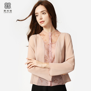 兰丝绘女装旗舰店正品真丝春季桑蚕丝拼接蕾丝长袖圆领纽扣衬衣