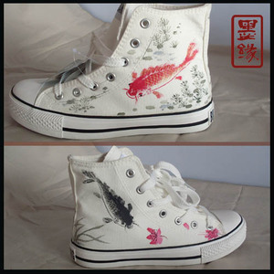 桃花金鱼彩绘板鞋中国风格手绘鞋子水墨高帮帆布鞋文艺范女大码