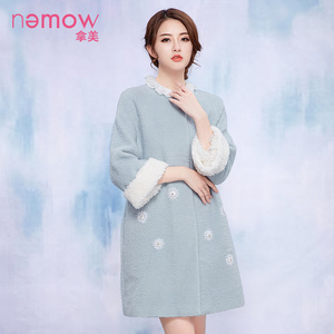 Nemow/拿美冬季新款毛呢外套女韩版拼接插肩袖大衣外套女冬