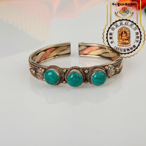 西藏红原创中国风手工三色铜镶绿松石掐丝手镯民族特色复古手环