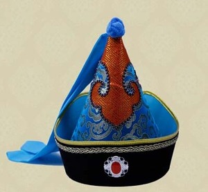 热销蒙古帽民族特色舞台男帽丝绒男士吉祥帽子婚礼帽精致花纹蓝色