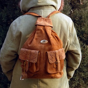 90年代vintage 复古着三角形双肩包 棕黄色 双前兜 后背拉链