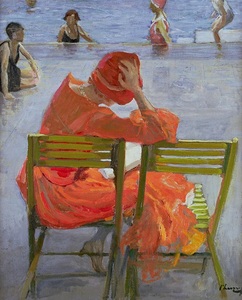 人物美女油画约翰·拉维里游泳池边读书的红衣服女孩