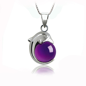 925纯银 海豚吊坠项链  紫水晶 玛瑙石头玉坠 女友生日礼物