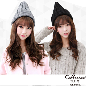韩国冬季情侣针织毛线帽子秋天男女式糖果色卷边尖尖套头帽保暖帽