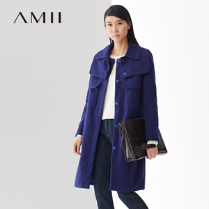 Amii极简 冬装 长款羊毛呢大衣女士艾米毛呢外套，是玫红色