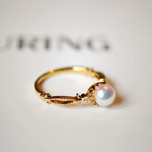 『薇家』日本Akoya天然海水珍珠5.5mm镶钻石精致18K黄金戒指包邮