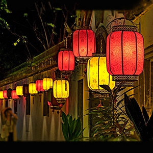 红灯笼挂饰户外装饰复古室内阳台中式羊皮灯笼灯吊灯场景布置发光