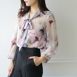 cy259特孔雀绿真丝乔其长飘带九分袖半透明女式衬衫防晒优雅欧美