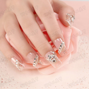 法式新娘手工美甲水晶透明假指甲成品斜式奢华光疗结婚美甲包邮