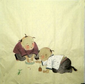 纯手工国画三尺斗方人物写意童子嬉戏图年画小孩百子图手绘10