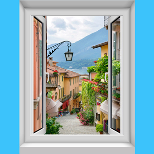 仿真竖款假窗户墙纸贴画3d卧室立体欧洲小镇地中海风景壁纸背景墙