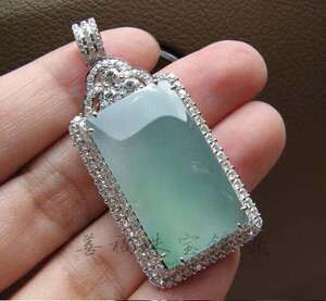 善福珠宝镶嵌 定制加工18k金镶嵌翡翠方牌直条长条吊坠d17-627