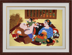 陕西户县农民画著名画家潘晓玲作品《老婆孩子热炕头》