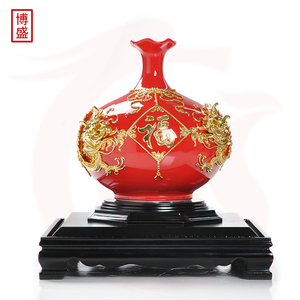 厦门漆线雕中国红釉瓷器陶瓷花瓶荷口瓶双龙戏珠开业礼品家居摆件
