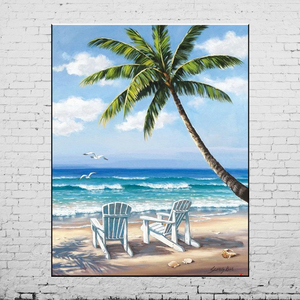 油画 手绘 清新大海边风景画 单幅装饰画 客厅书房 海边 椰树躺椅