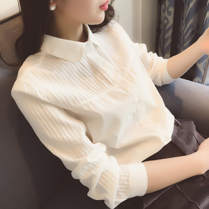 明仔家 2017春季新品女装小清新尖领竖条纹短袖白衬衫上衣