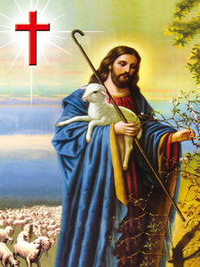 耶稣牧羊人海报图耶稣画像十字架基督教中堂画装饰教堂镇宅墙贴画图片