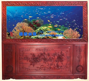 精雕牡丹小鸟龙鱼缸 红花梨实木鱼缸水族箱 大型免换水生态鱼缸
