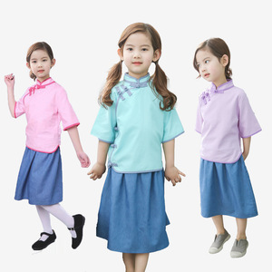 2022春秋中国风女童民族风旗袍短裙两件套中小童棉麻纯色汉服套装