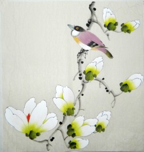 纯手工字画国画小品斗方花鸟玉兰花文鸟原稿无款真迹手绘装饰画