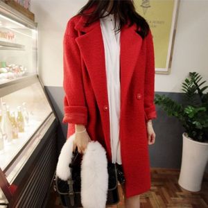 k428韩国女装羊毛圈圈毛呢宽松保暖红色中长款秋冬女大衣外套