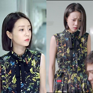 漂亮的李慧珍李溪芮夏乔明星同款女17春秋新印花褶皱蝴蝶结连衣裙