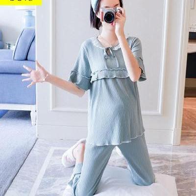 奶妈哺乳衣服夏天母乳睡衣喂奶夏款月子服6月份产后纯棉短袖月.