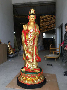 厂家直销大型寺庙佛像树脂玻璃钢 贴金彩绘1米8站莲花观音菩萨