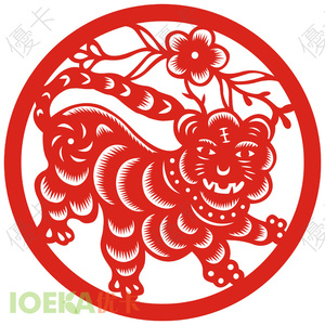 不干胶十二生肖窗花剪纸贴玻璃贴墙贴剪纸装裱贴圆形【虎】ch0151
