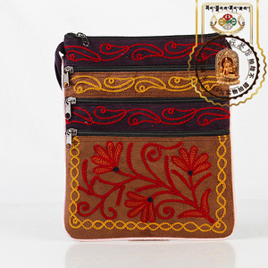 西藏红复古民族风多层拉链挎包手工刺绣藏式格桑花提包零钱包卡包