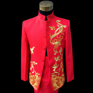 中式喜庆红色绣龙凤袍中式中山服演出主持新郎结婚加肥加大男礼服