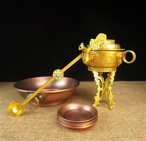 尼泊尔工艺/紫铜鎏金 水陆供/七供水/水财神修法器/朵玛盘 供盘