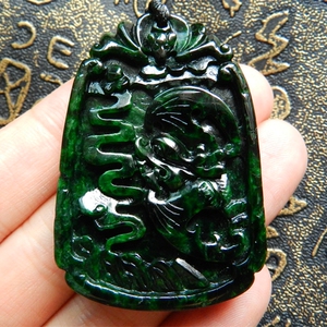 天然缅甸a货翡翠老坑花青种龙头蝙蝠男女款吊牌挂坠