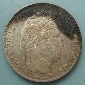 1843年法国菲利普5法郎大银币 w版 24.8克 含银90 直径37mm