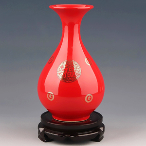 景德镇陶瓷器 中国红描金福字花瓶摆设小瓷器花插 时尚家饰摆件